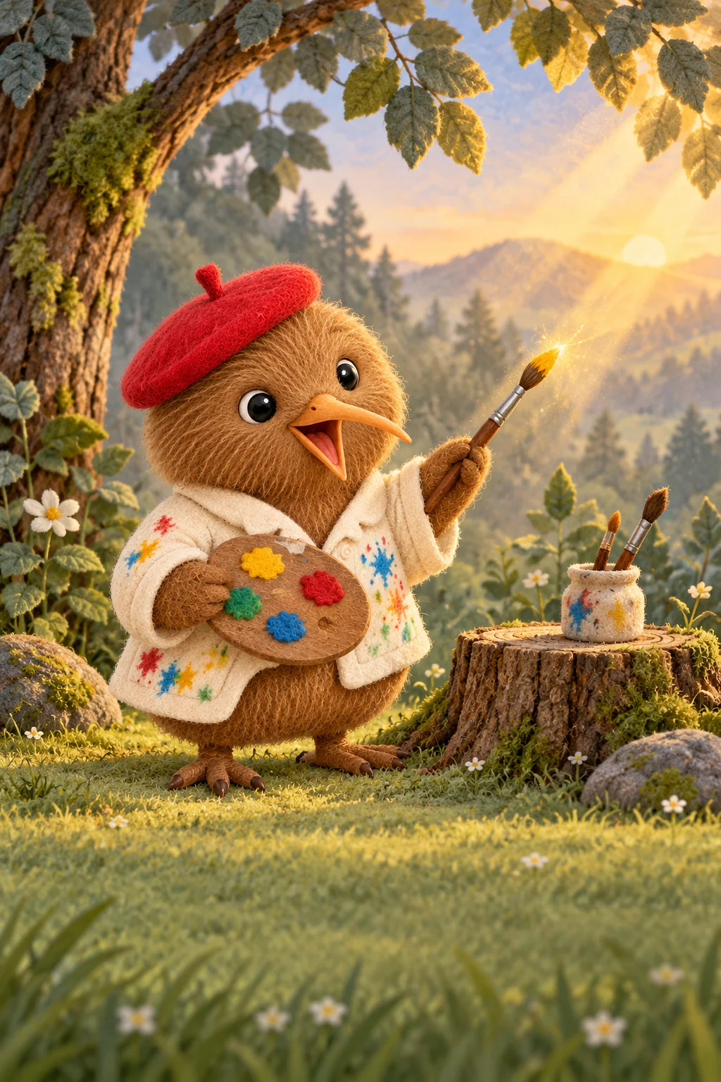 Kiwi raises a paintbrush in a pale clearing as the first golden sunbeam touches the sleepy trees.