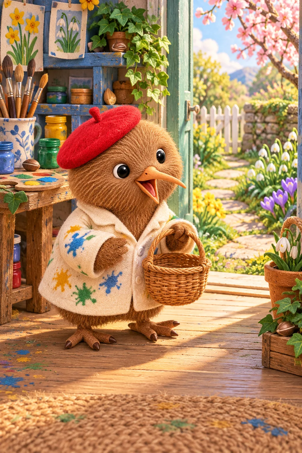 Kiwi tient un panier vide dans son atelier coloré, tandis qu’un chemin fleuri s’ouvre vers le jardin.