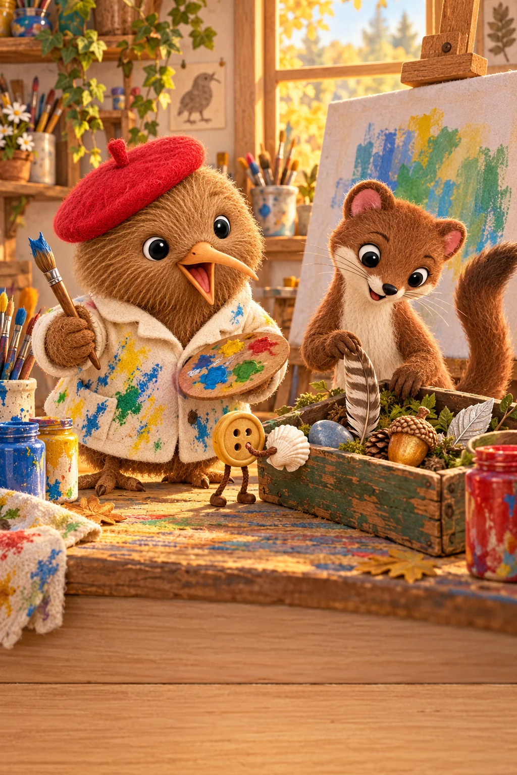Kiwi cherche des trésors cachés dans son atelier coloré avec Zoé et Nestor.