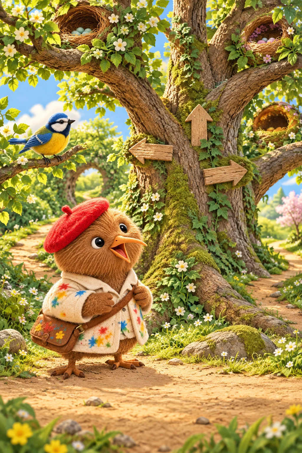 Kiwi regarde un immense arbre où des nids douillets se cachent parmi les branches.