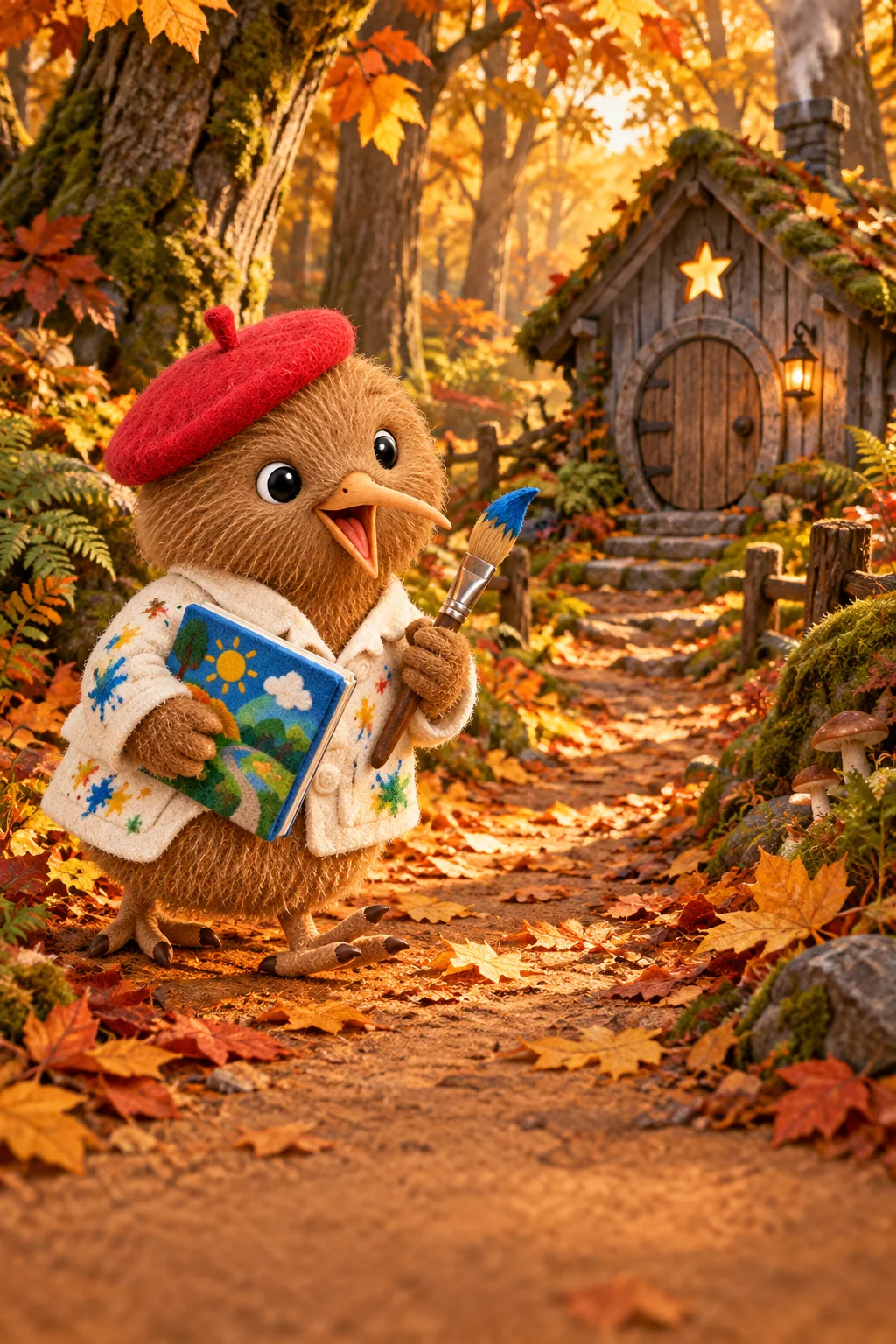 Kiwi observe une mystérieuse cabane grise au bord d’un sentier couvert de feuilles dorées.
