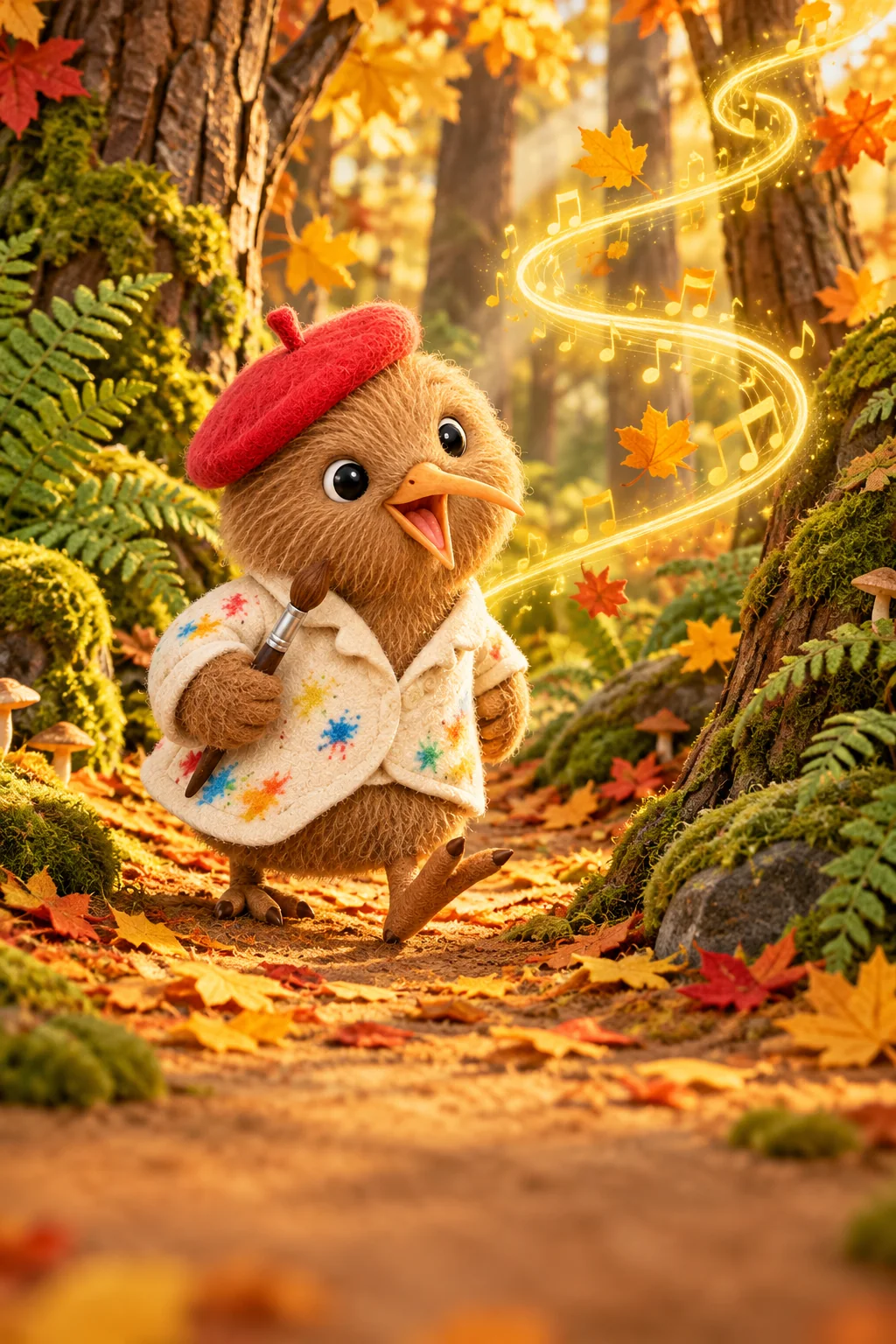 Kiwi suit des rubans sonores lumineux entre les arbres, son pinceau serré contre lui.