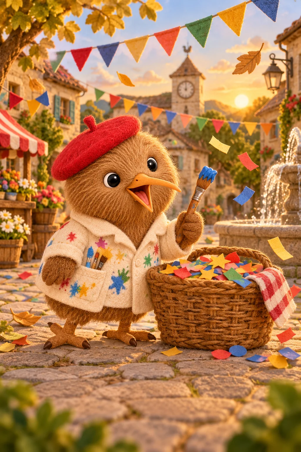 Kiwi peint près d’un panier de confettis, tandis que les fanions commencent doucement à bouger.