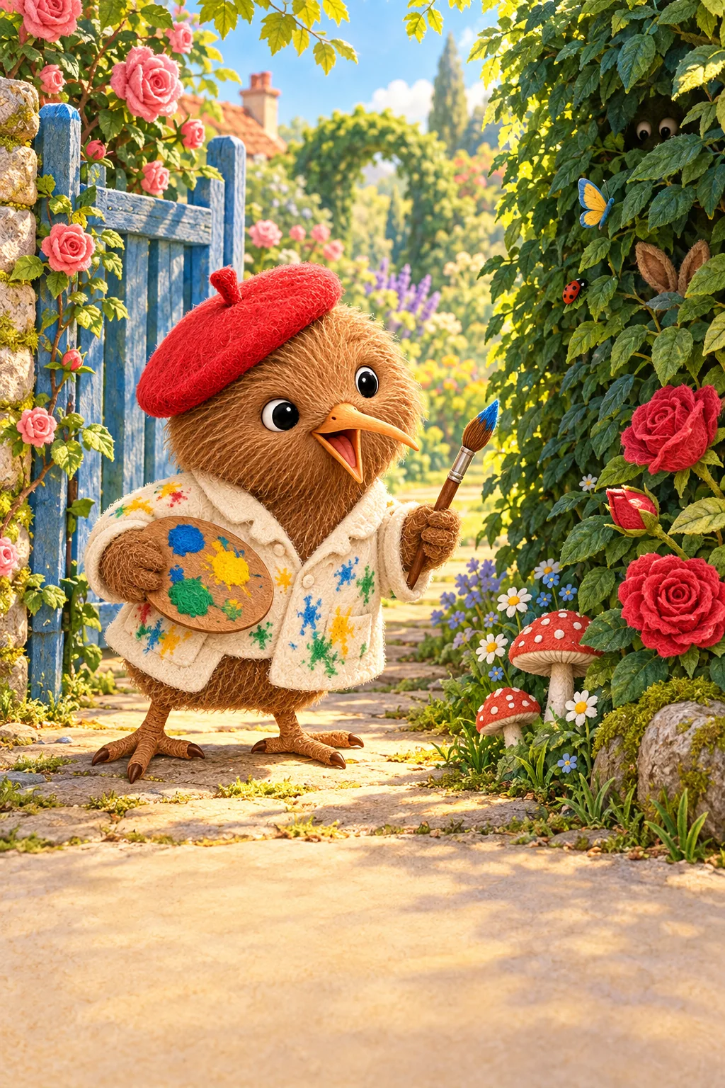 Kiwi, en béret rouge, observe un jardin coloré où se cachent de mystérieuses ombres.