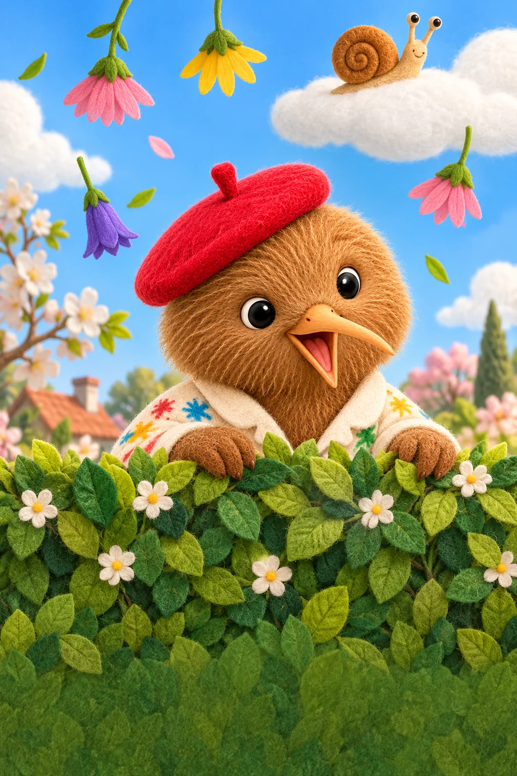 Kiwi observe derrière une haie des fleurs flottantes et un escargot voyageant sur un nuage.