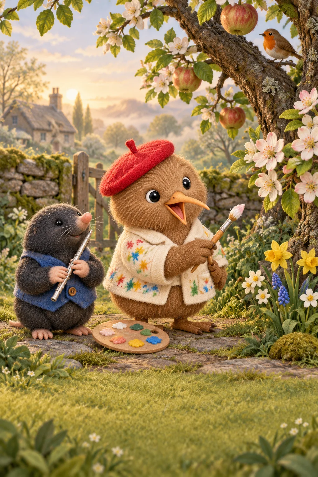 Kiwi and Mimo stand before a gray garden beside a dusty palette and pale spring flowers.
