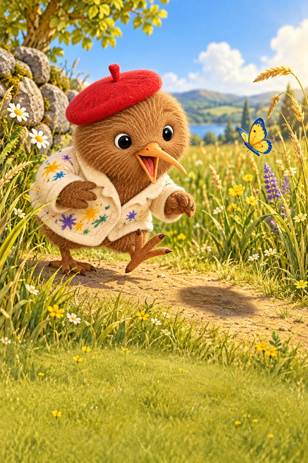Kiwi follows a round shadow through tall meadow grass while a butterfly flutters nearby.