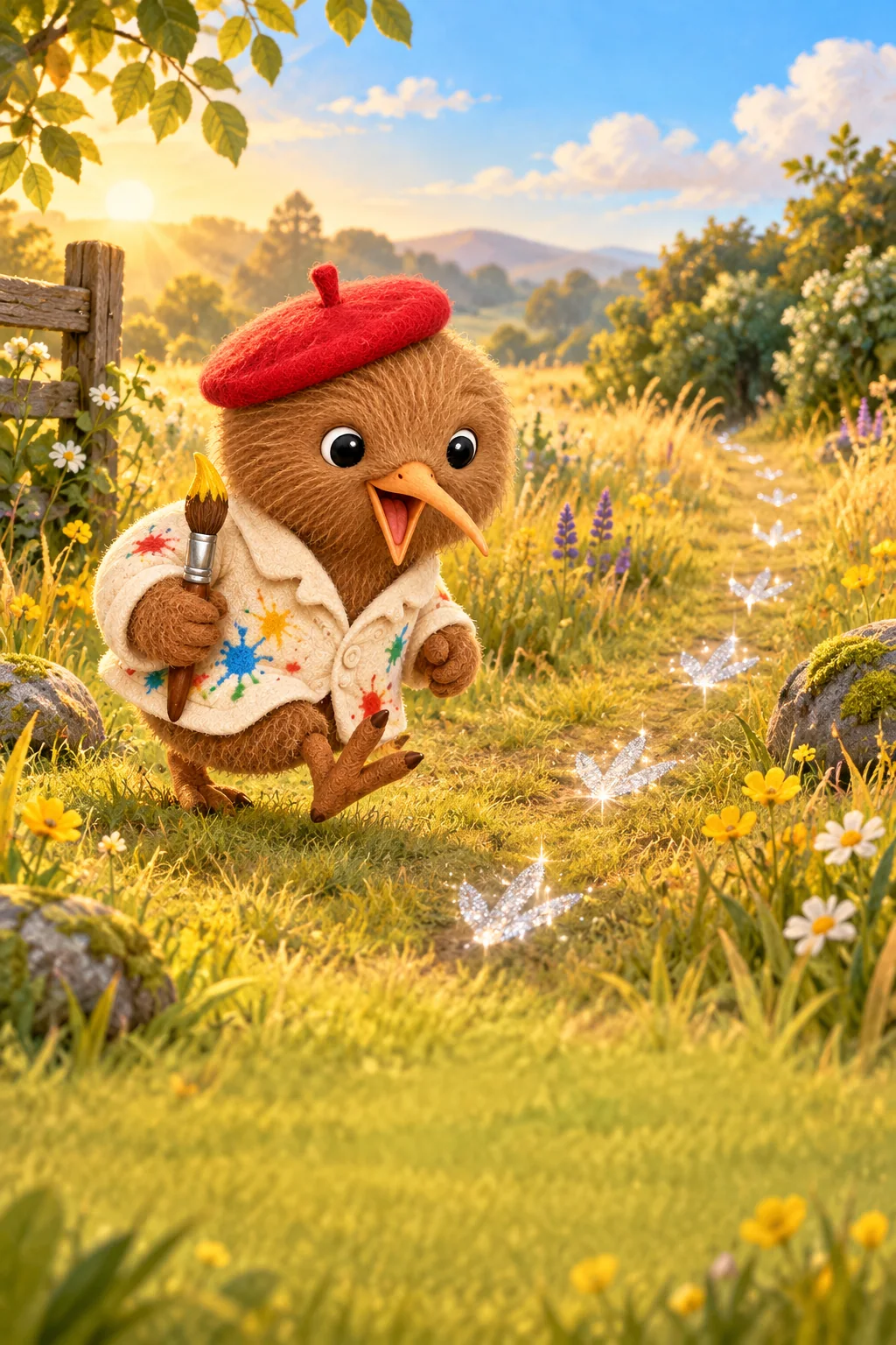 Kiwi suit des traces argentées brillantes dans une prairie dorée, son pinceau serré dans l’aile.
