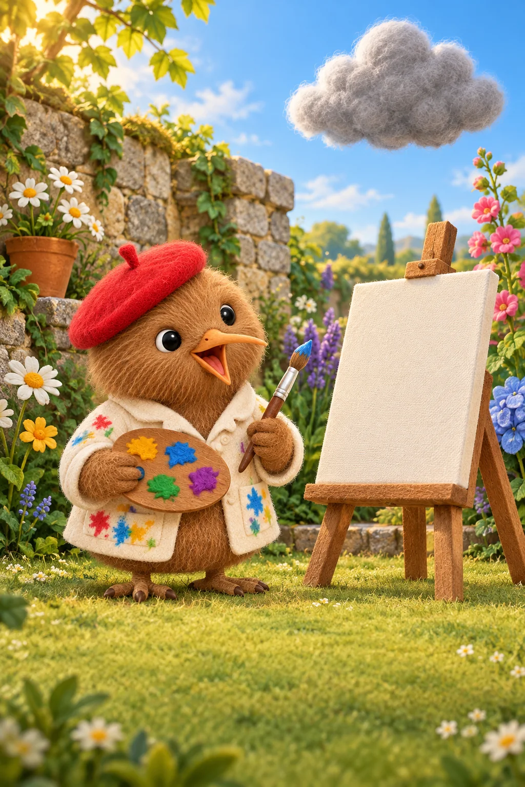 Kiwi, devant une grande toile, regarde un petit nuage gris au-dessus d’un jardin fleuri.