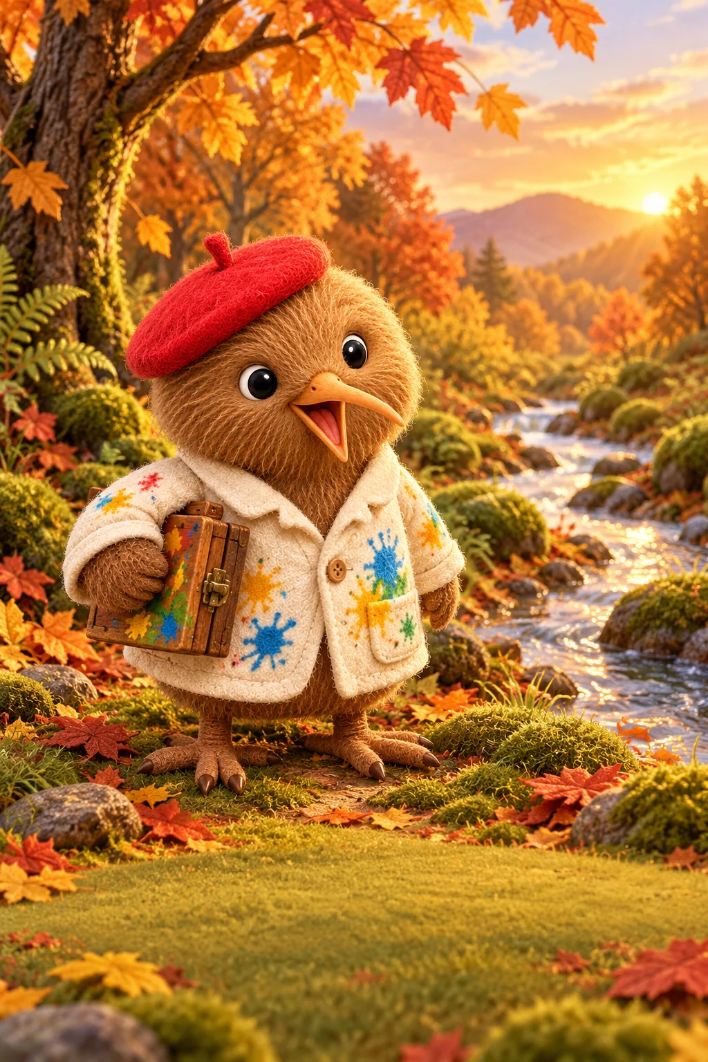 Kiwi observes a winding stream in a golden clearing, his paint box tucked beneath one wing.