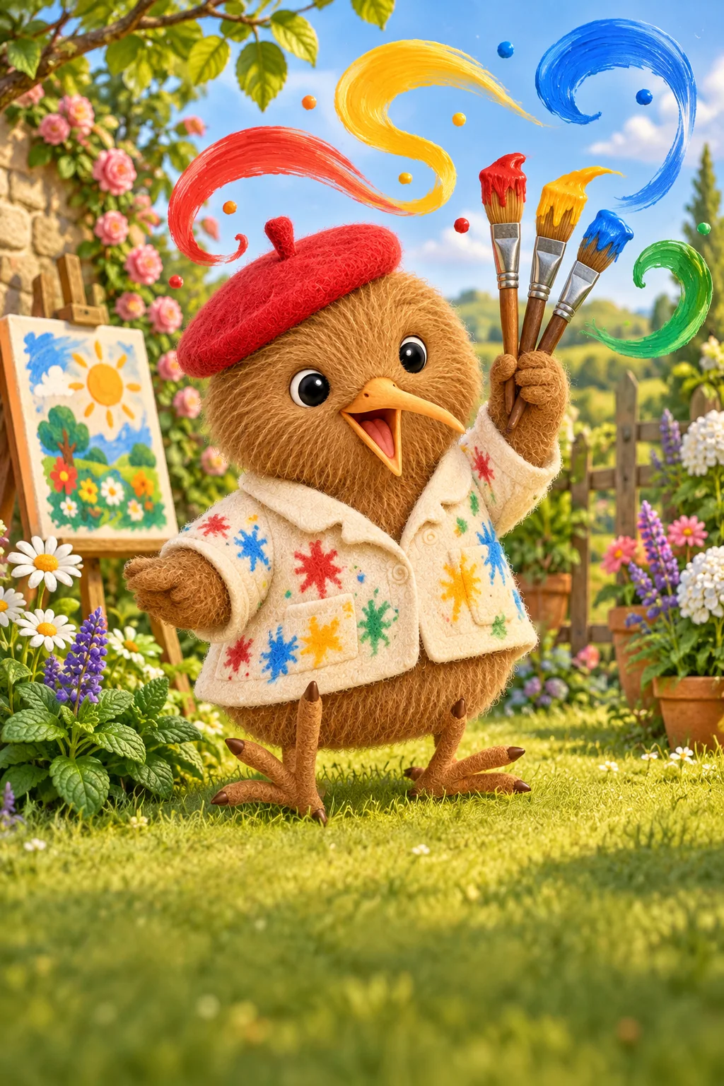 Kiwi peint dans son jardin tandis que des rubans de couleurs tourbillonnent autour de lui
