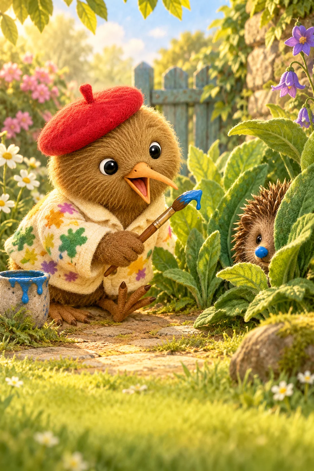 Kiwi holds a paintbrush beside a shy hedgehog hiding among garden leaves.