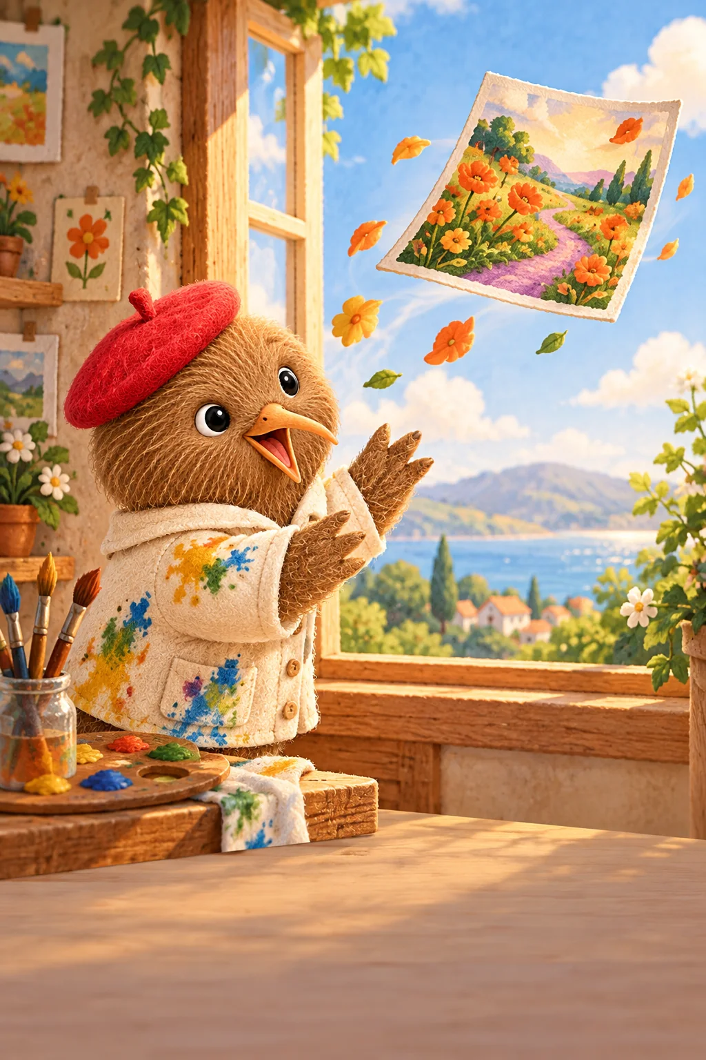 Kiwi watches his colorful garden painting float toward the open window.