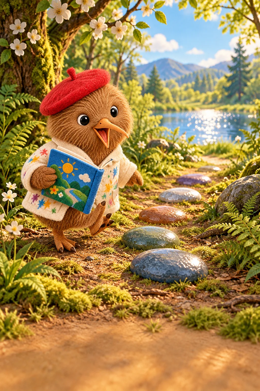 Kiwi, wearing his red beret, discovers five shining stones along a spring woodland path.