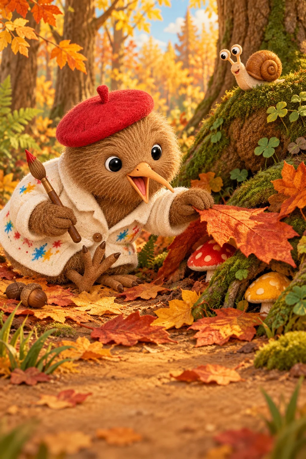 Kiwi observe des feuilles soulevées, où dépassent deux chapeaux de champignons, tandis que Nono approche.
