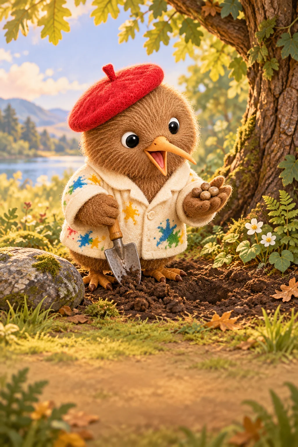 Kiwi tient une petite pelle devant une terre douce entre une pierre et un vieux tronc.