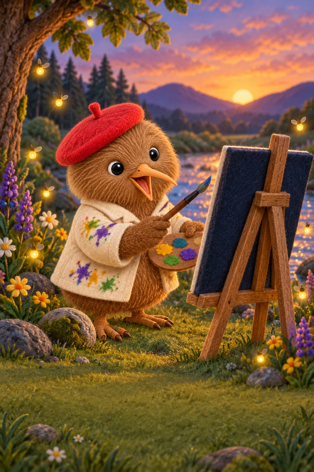 Kiwi paints beside the stream while ten fireflies glow around his easel at dusk.