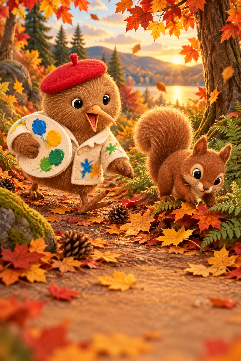 Kiwi and Pipo search among autumn leaves and pine cones along a forest path.