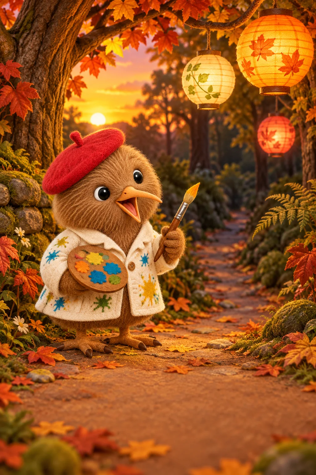 Kiwi holds a paintbrush beside colorful lanterns glowing along an old woodland path at sunset.