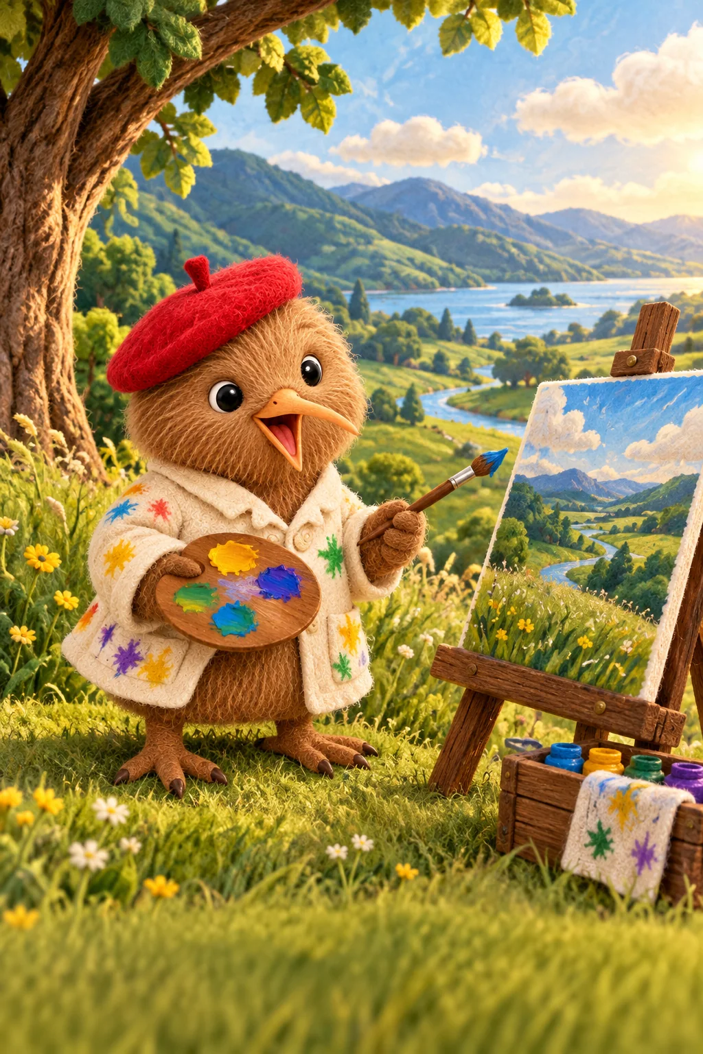 Kiwi, petit peintre au béret rouge, observe une prairie peinte où les herbes bougent doucement.