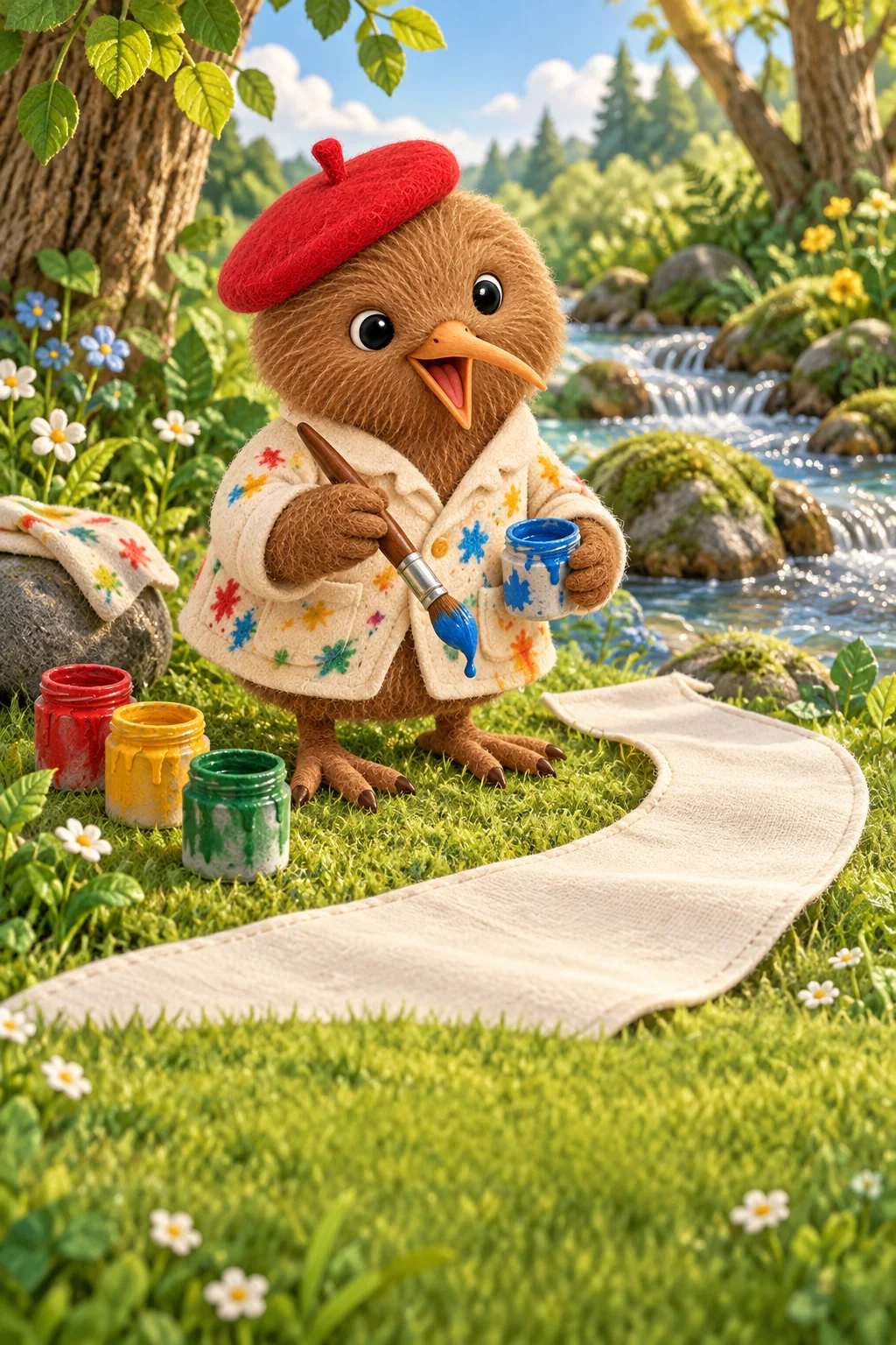 Kiwi tient son pinceau près du ruisseau, devant une longue bande de tissu blanc.