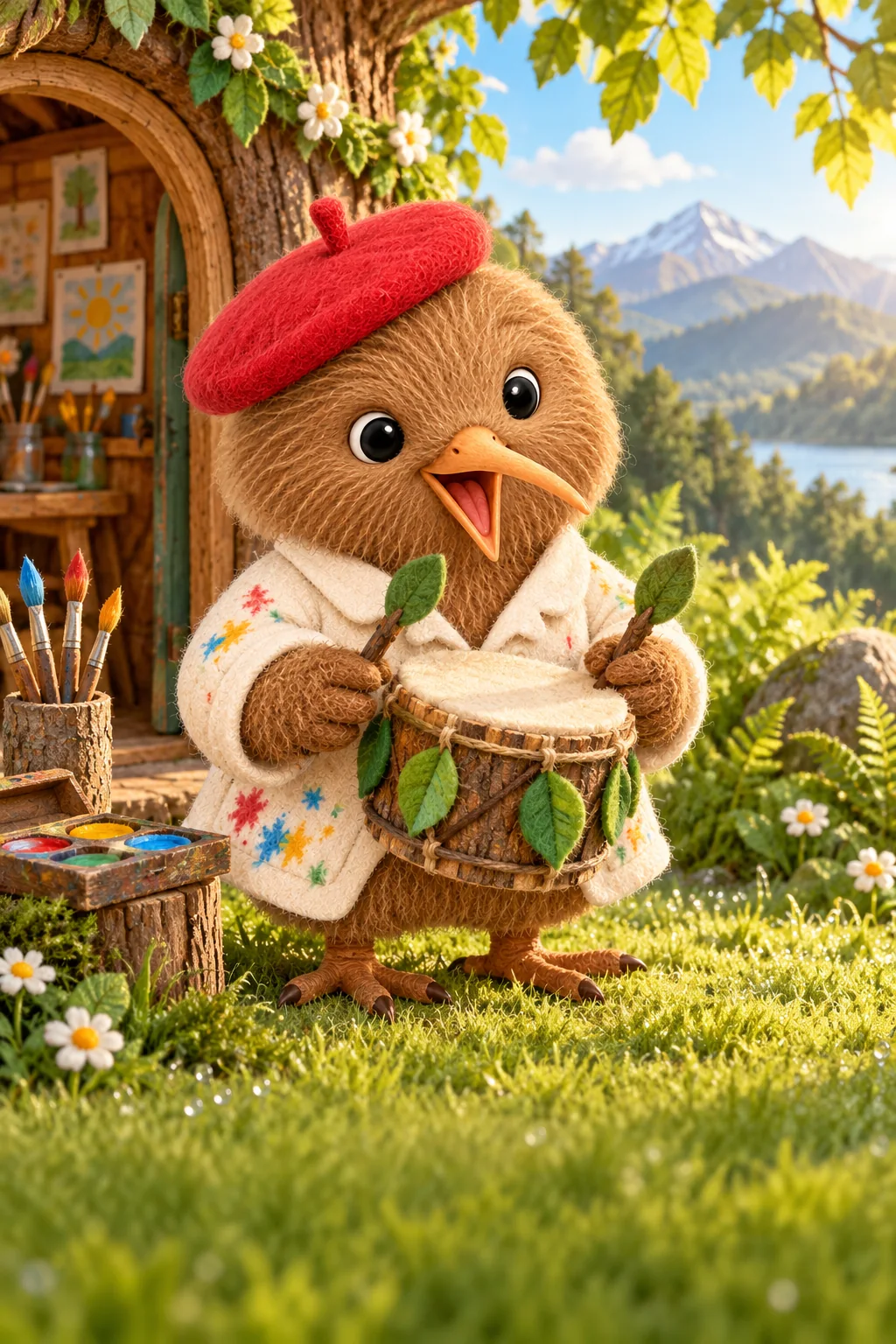 Kiwi tient son petit tambour devant son atelier, au bord d’une forêt fraîche et couverte de rosée.