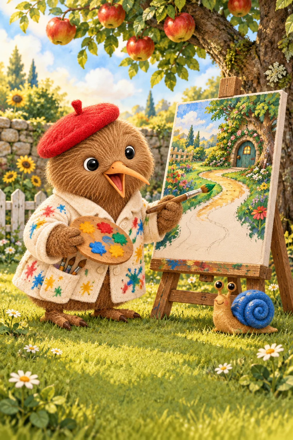 Kiwi peint un chemin coloré tandis que Biscotte observe près du vieux pommier.