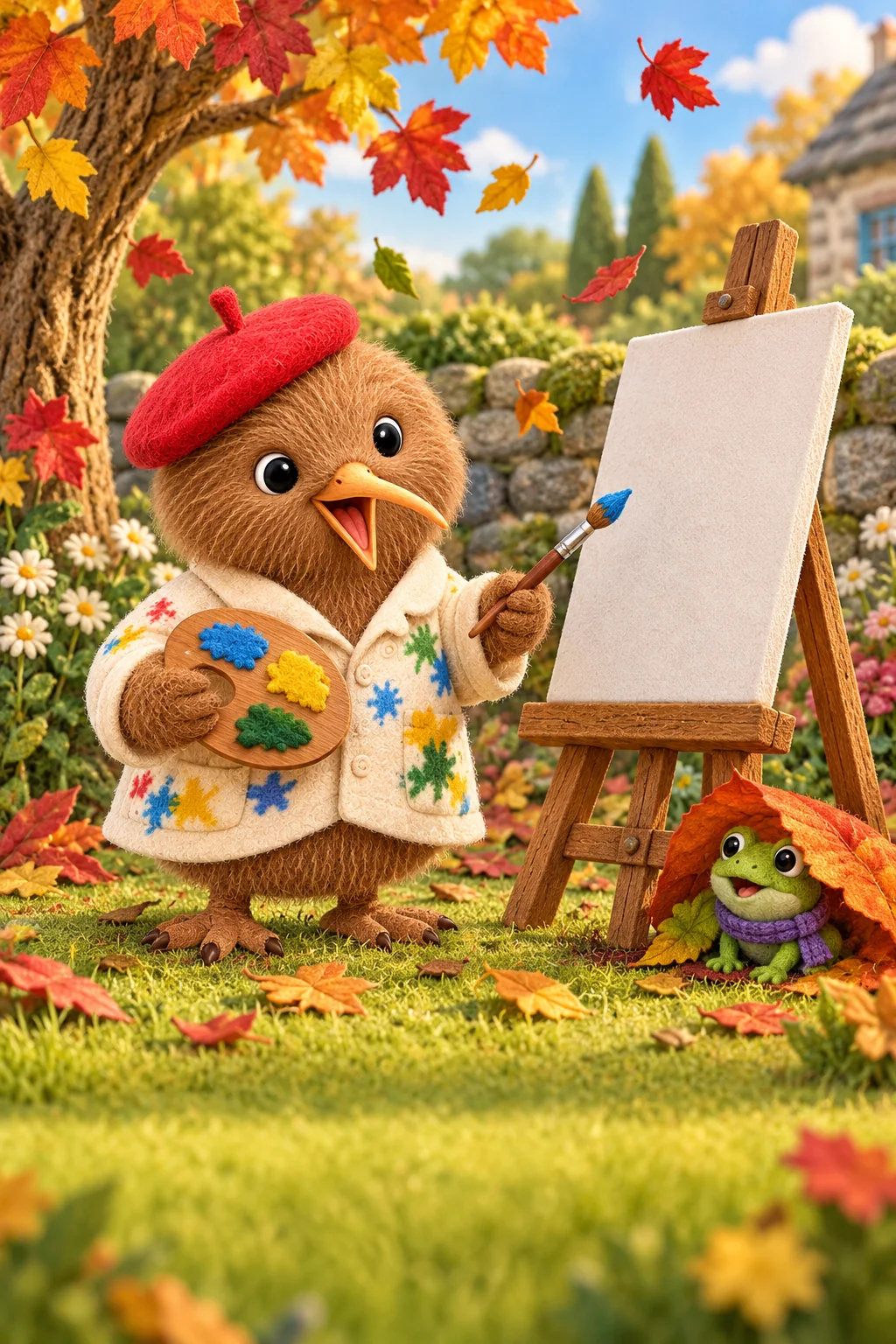 Kiwi tient son pinceau devant une toile blanche tandis que des feuilles colorées tourbillonnent autour de lui.