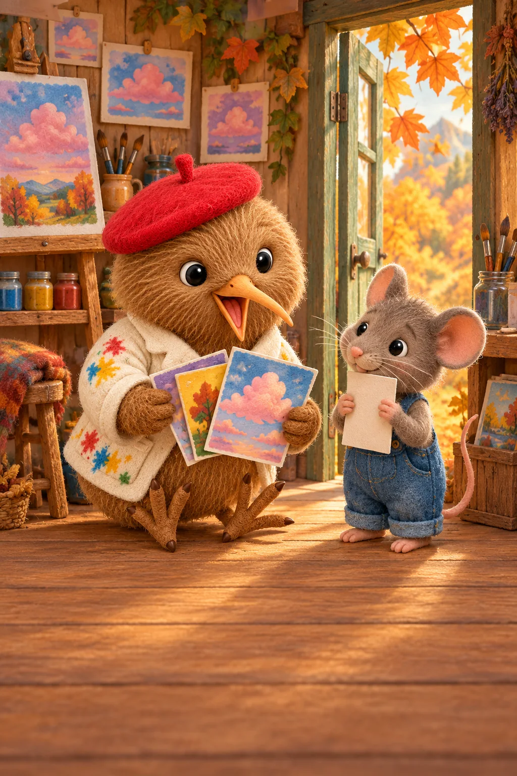 Kiwi présente des cartes colorées à Brindille, qui tient son dessin dans un atelier aux portes ouvertes.