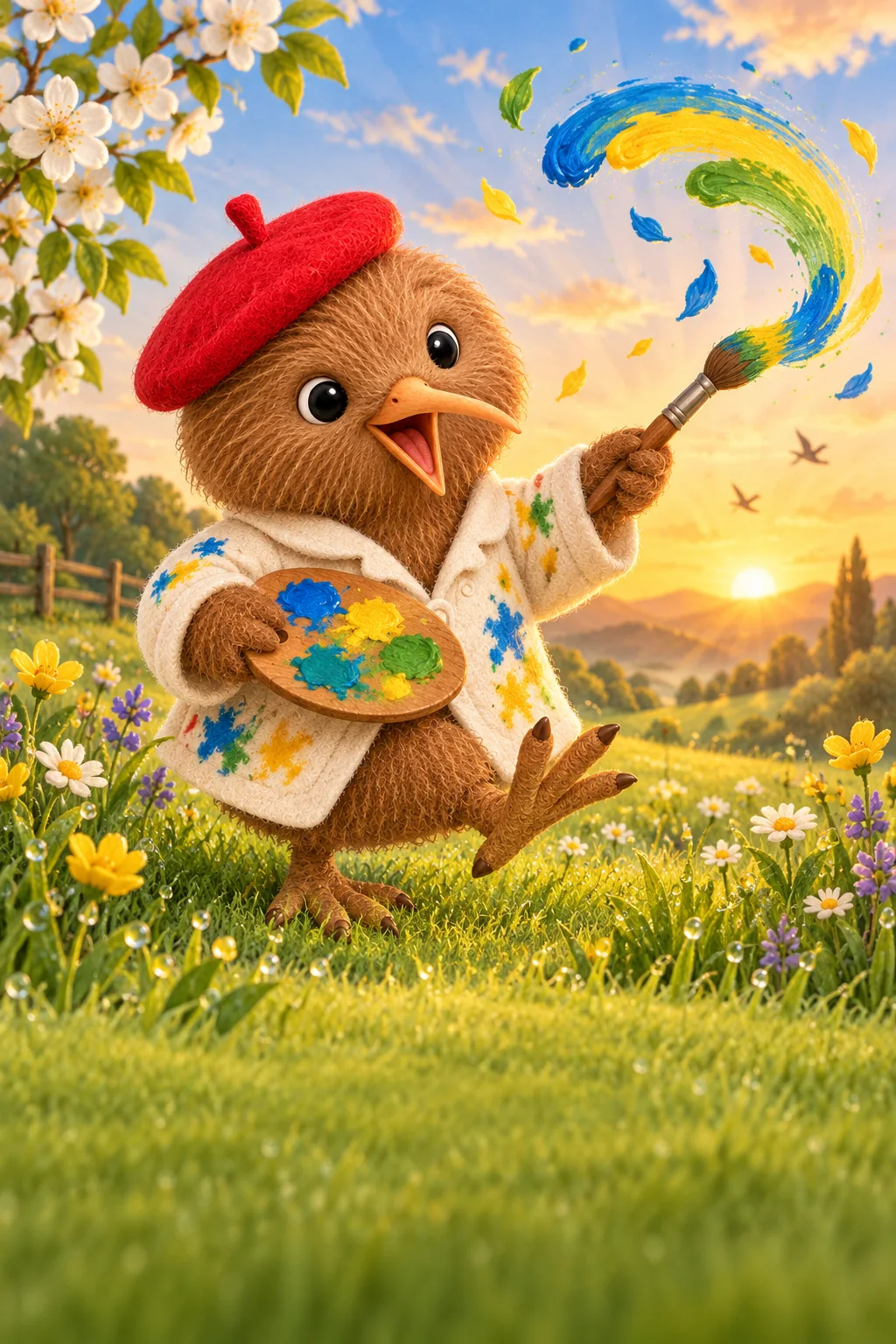 Kiwi, son béret rouge et son pinceau, peint une boucle colorée dans la prairie au matin.