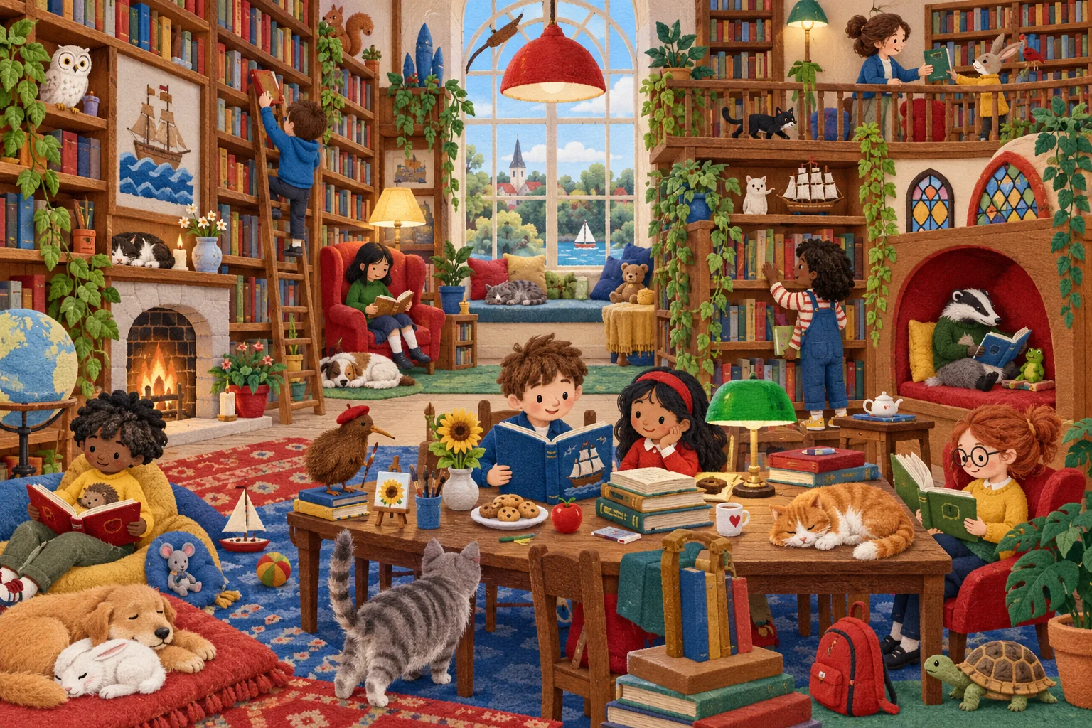 Entre dans la bibliothèque et retrouve la chouette blanche, le blaireau lecteur, le voilier et quatre objets cachés.