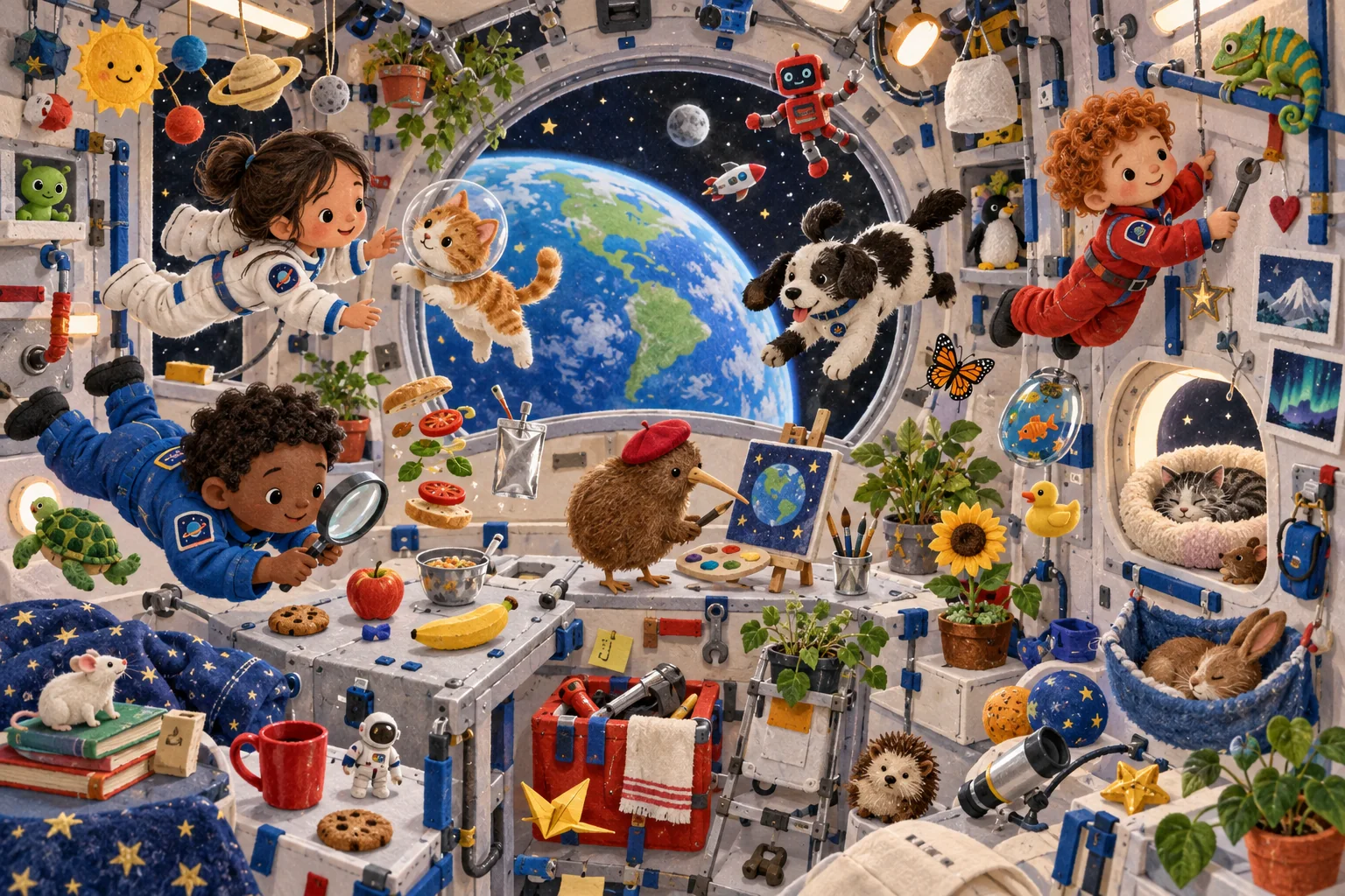 Explore la station spatiale pour repérer le petit robot rouge, le kiwi peintre et cinq objets cachés.