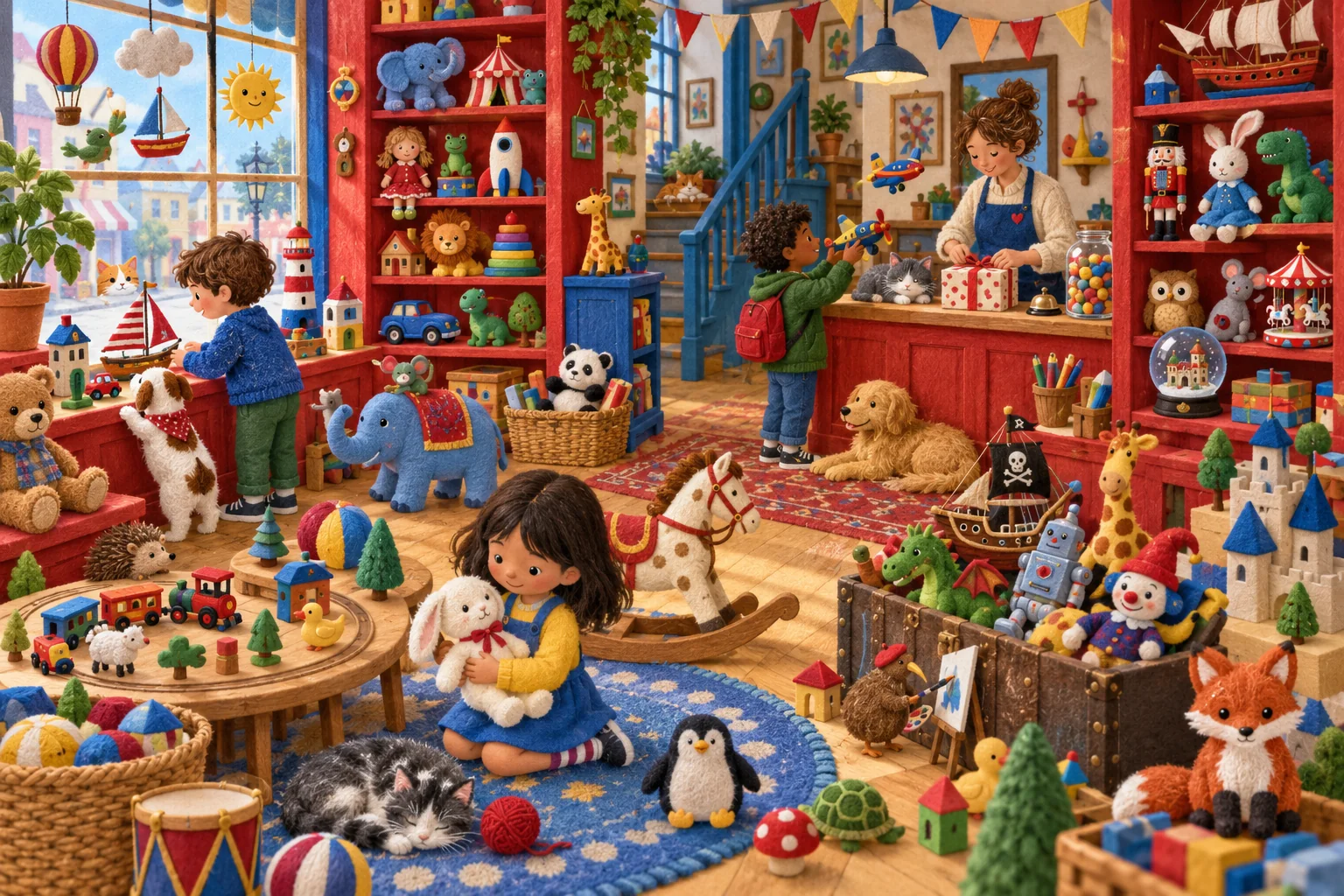 Fouille les rayons colorés pour retrouver le cheval à bascule, le bateau pirate, le chaton endormi et quatre jouets.