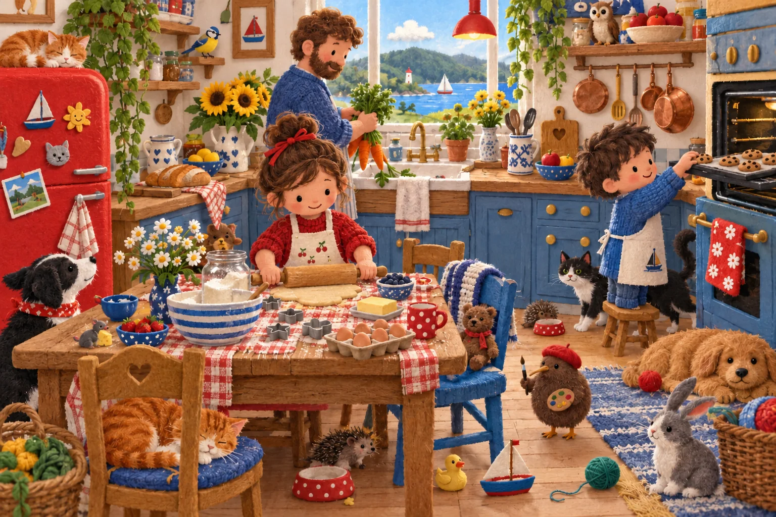 Cherche les détails cachés entre le frigo, le four, les fleurs et les animaux de cette cuisine bien remplie. (version modifiée)