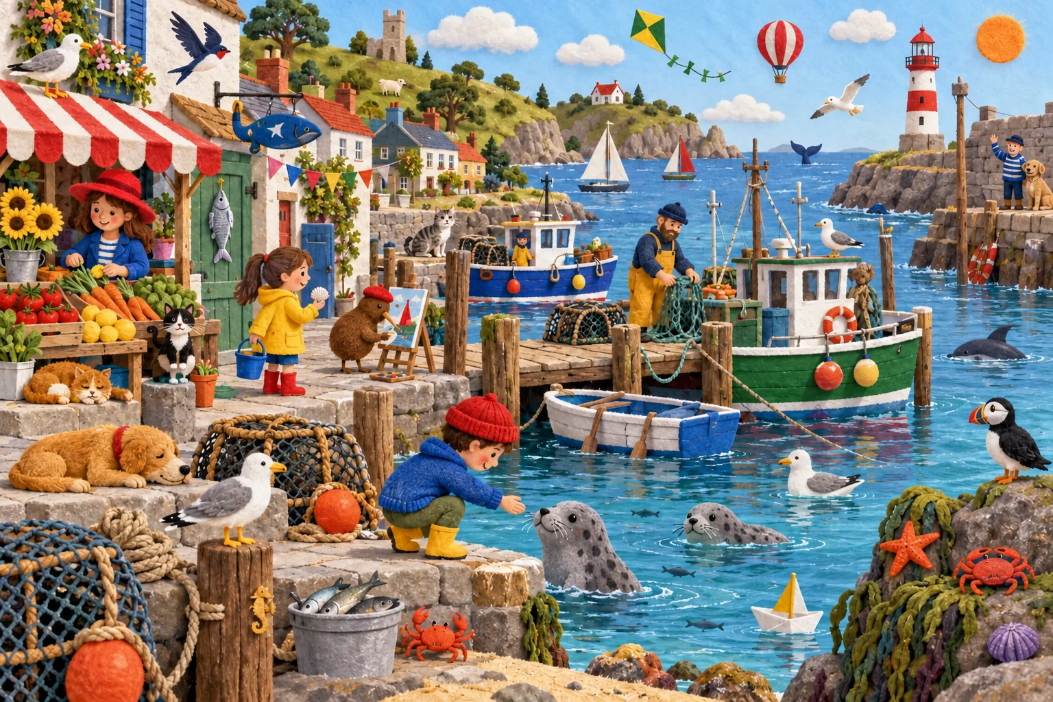 Scrute les bateaux, la montgolfière, le cerf-volant et la marchande pour retrouver les détails cachés du port. (version modifiée)