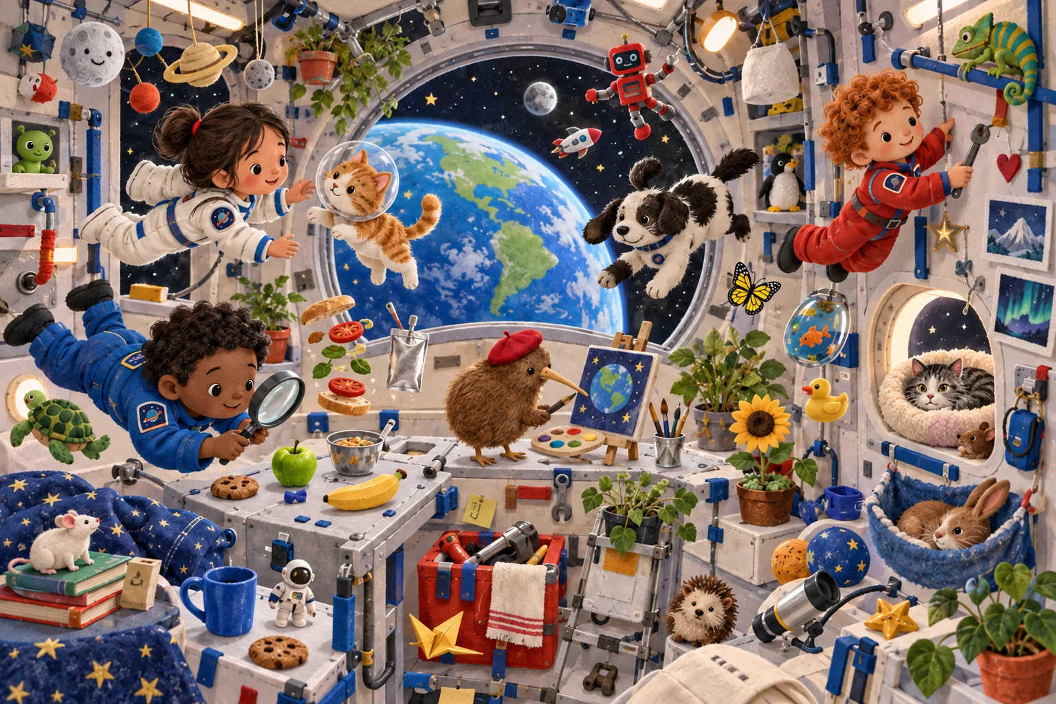 Observe les objets et les animaux de la station spatiale pour découvrir leurs changements de couleur et de forme. (version modifiée)