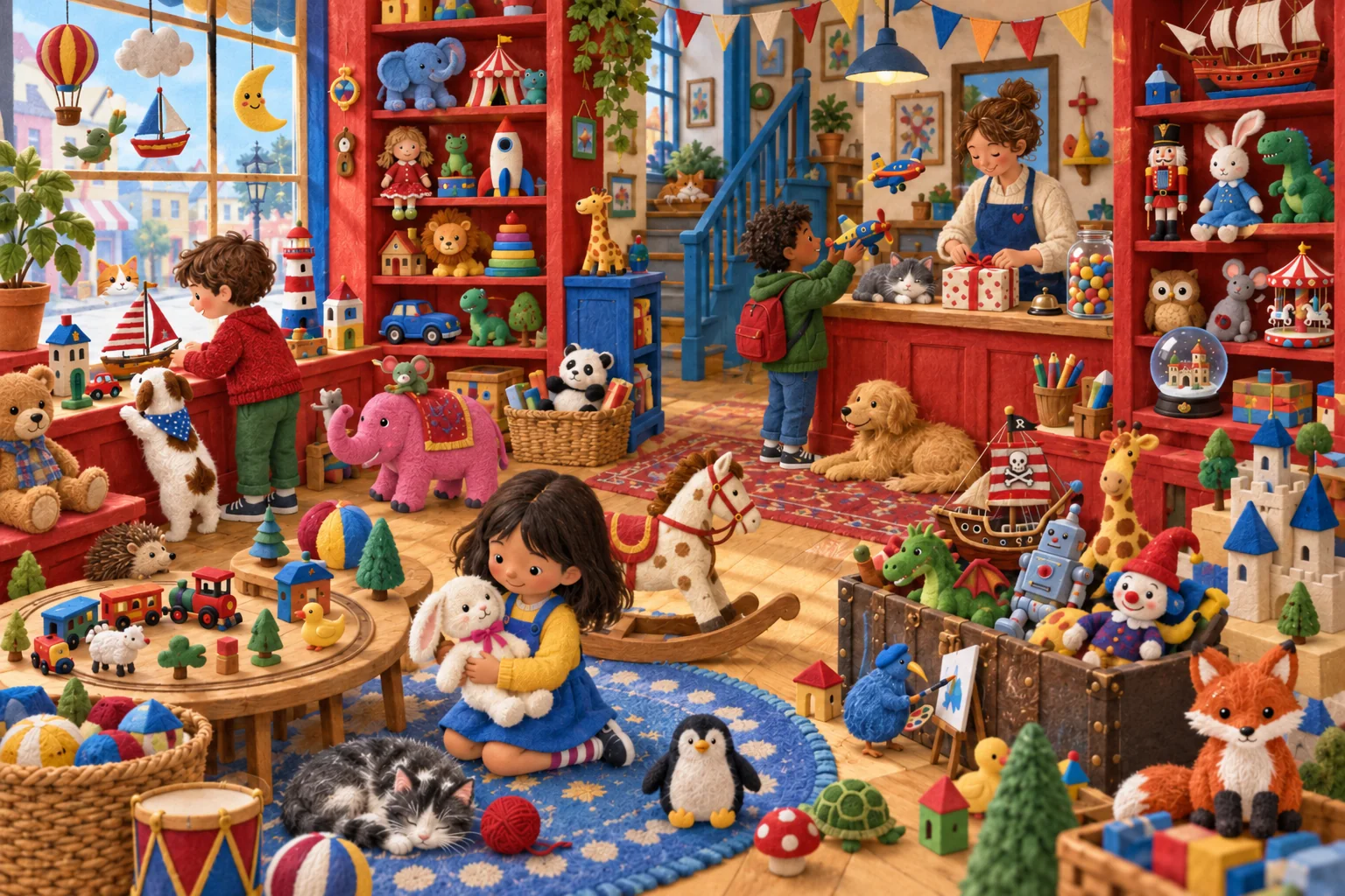 Fouille les rayons remplis de jouets pour repérer le soleil, les animaux, les vêtements et les objets transformés. (version modifiée)