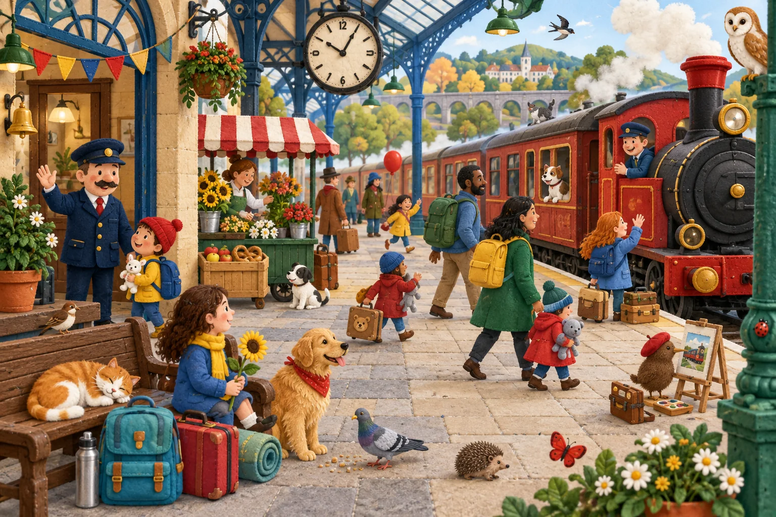Observe le ballon, le fanion, l’ourson et les animaux pour repérer les changements dans cette gare animée.